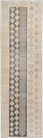 3' x 9' one-of-a-kind handmade vintage Kilim runner rug. Color palette: ivory, taupe, charcoal, beige, pale blue, soft gold