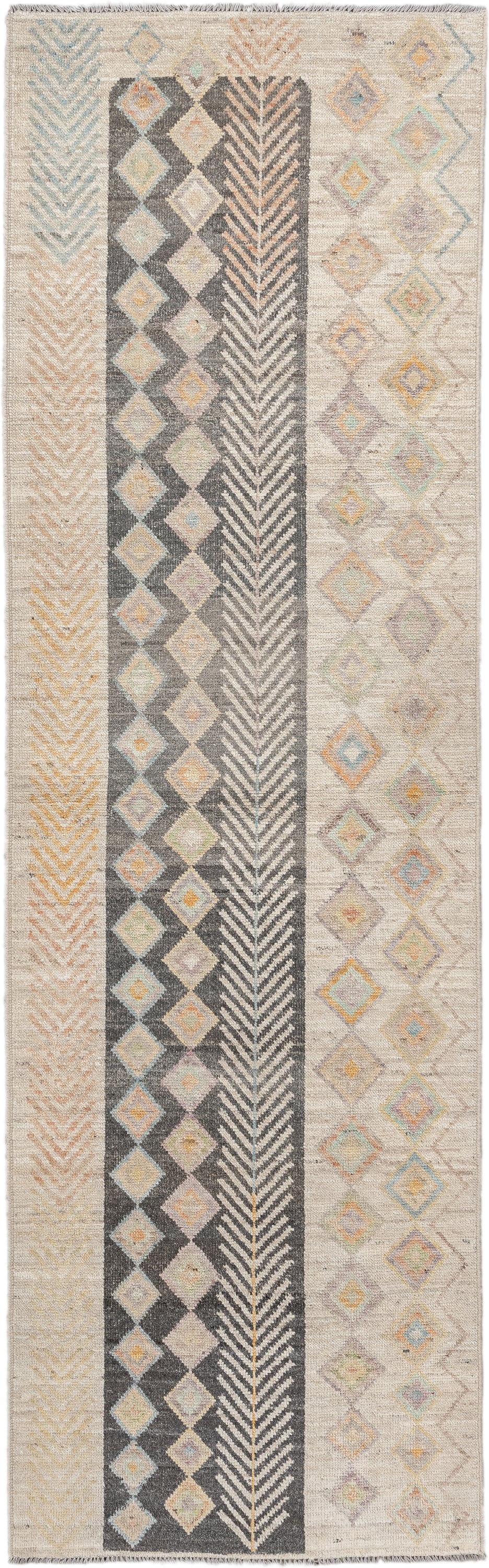3' x 9' one-of-a-kind handmade vintage Kilim runner rug. Color palette: ivory, taupe, charcoal, beige, pale blue, soft gold