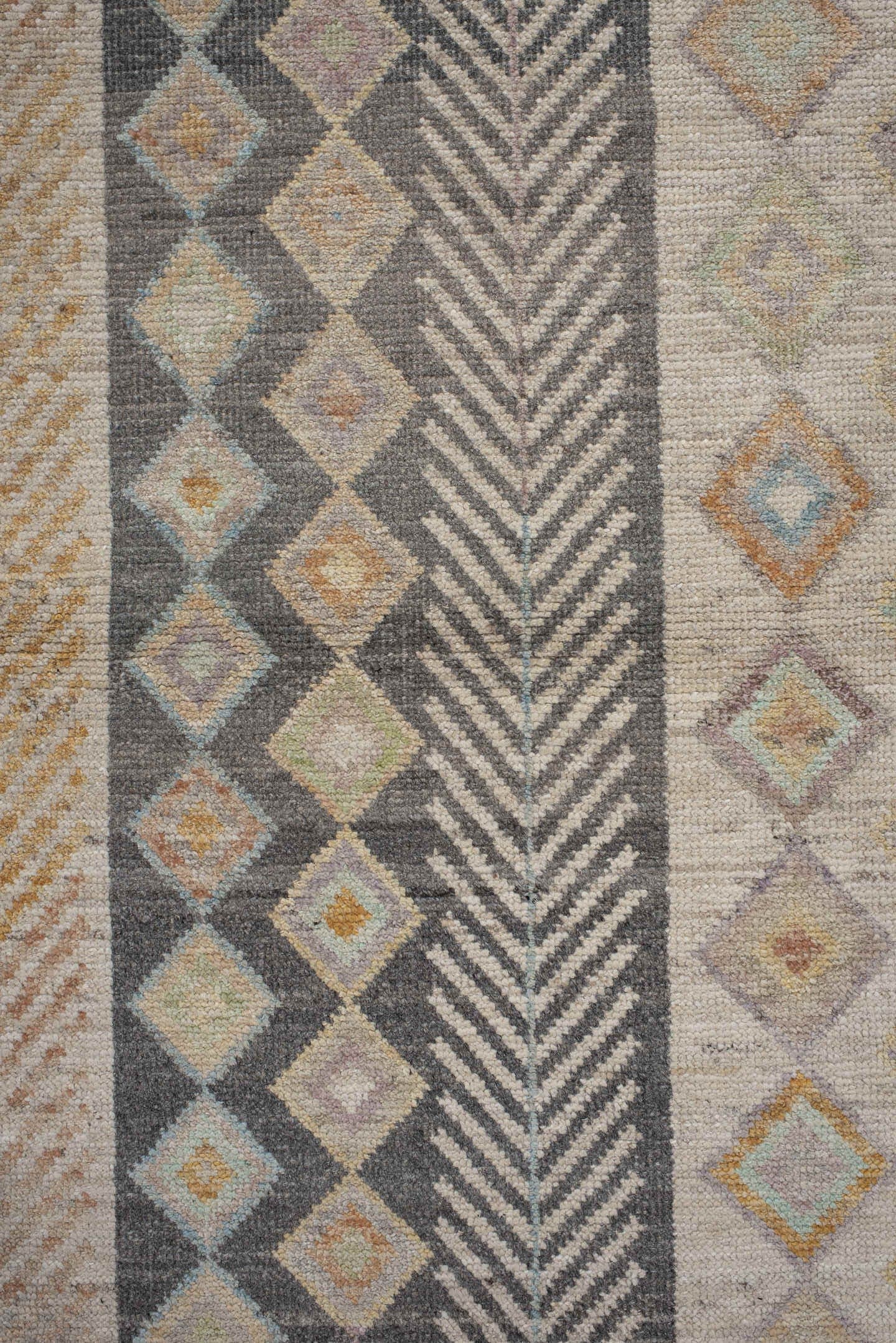 3' x 9' one-of-a-kind handmade vintage Kilim runner rug. Color palette: ivory, taupe, charcoal, beige, pale blue, soft gold