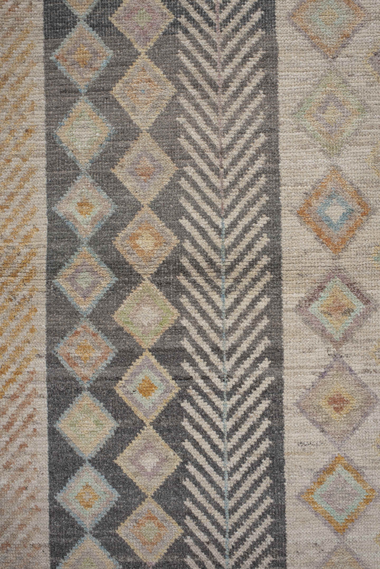 3' x 9' one-of-a-kind handmade vintage Kilim runner rug. Color palette: ivory, taupe, charcoal, beige, pale blue, soft gold