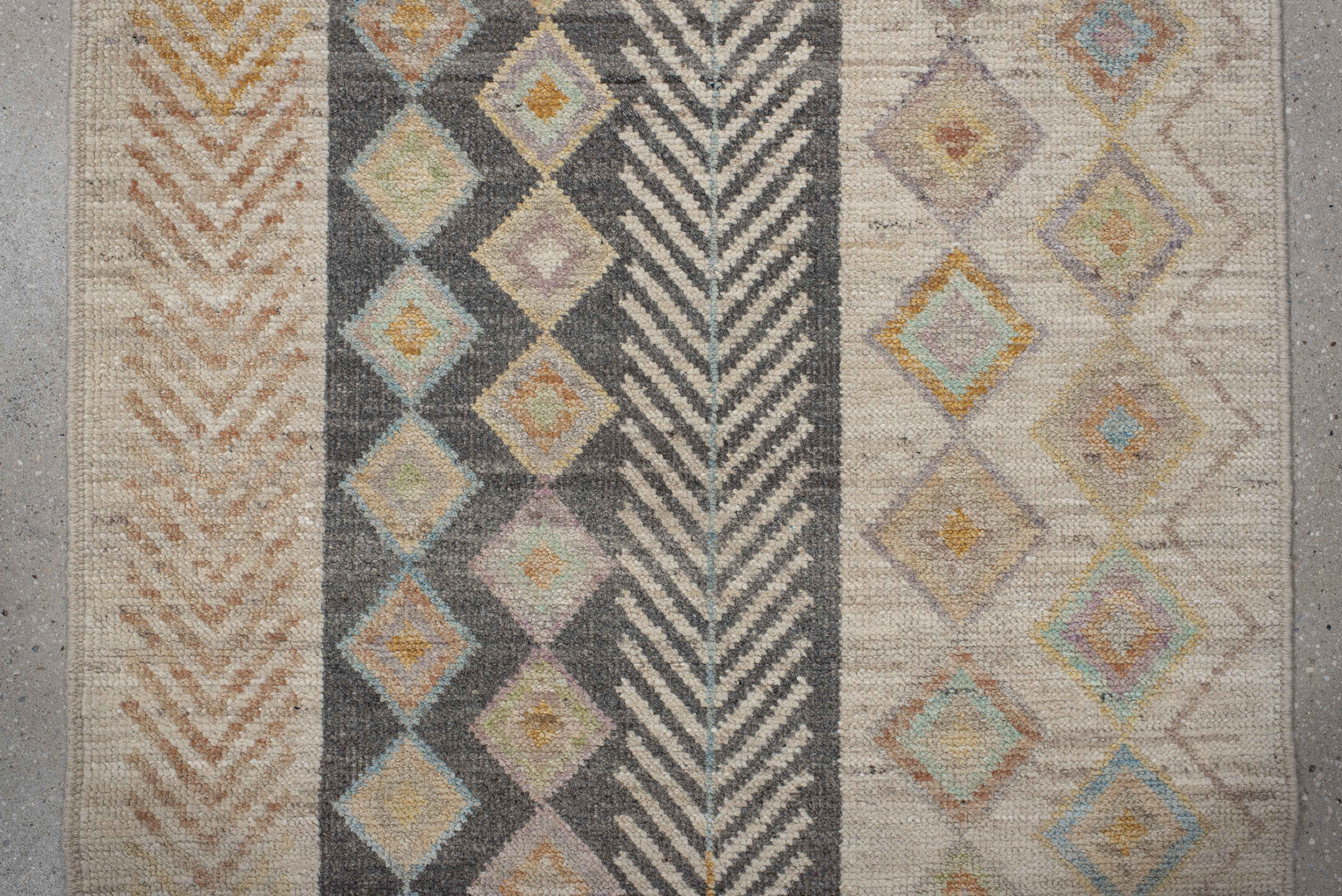 3' x 9' one-of-a-kind handmade vintage Kilim runner rug. Color palette: ivory, taupe, charcoal, beige, pale blue, soft gold