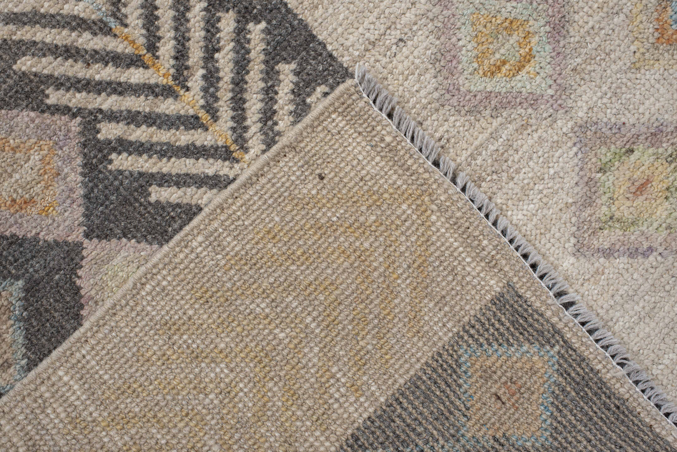 3' x 9' one-of-a-kind handmade vintage Kilim runner rug. Color palette: ivory, taupe, charcoal, beige, pale blue, soft gold