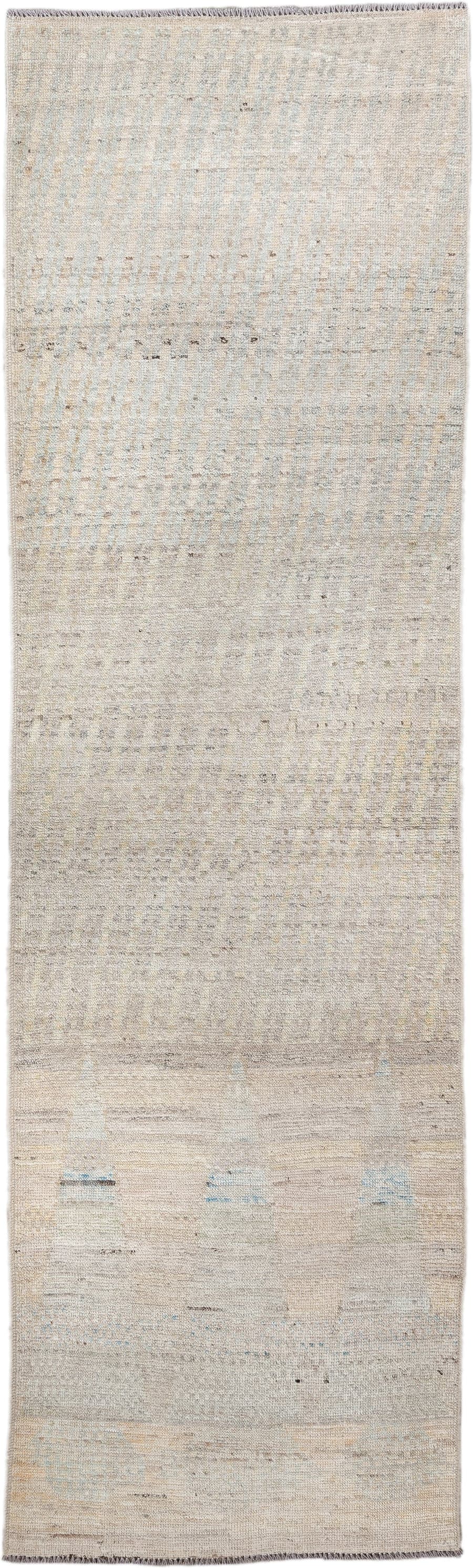 2' x 9' one-of-a-kind handmade vintage Kilim runner rug. Color palette: ivory, beige, taupe, pale blue, cream, gray