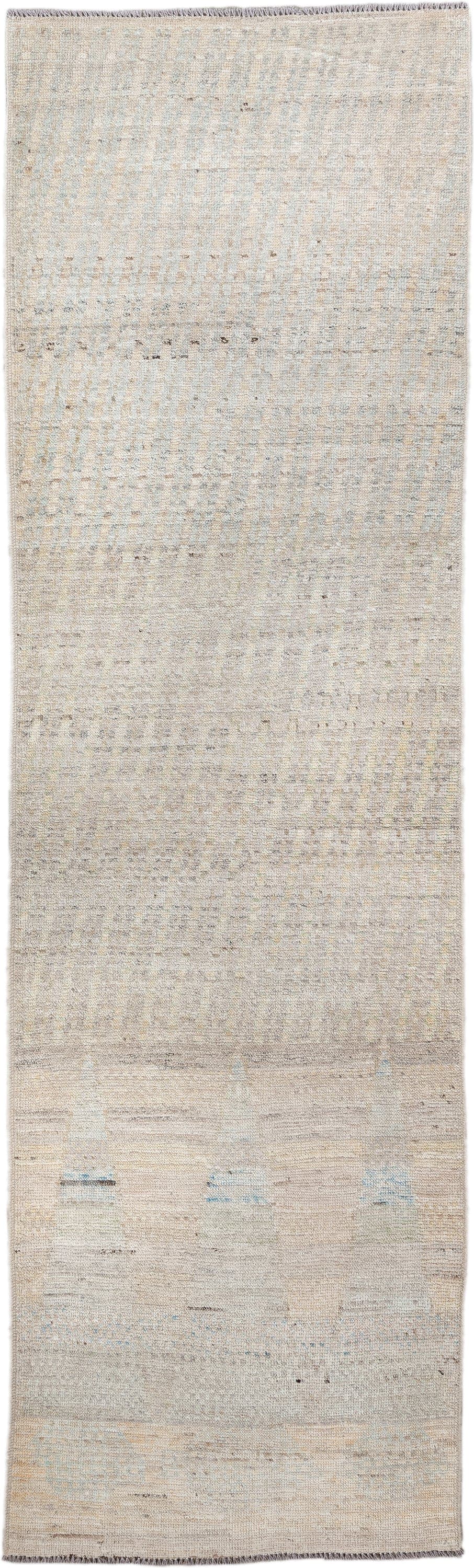 2' x 9' one-of-a-kind handmade vintage Kilim runner rug. Color palette: ivory, beige, taupe, pale blue, cream, gray