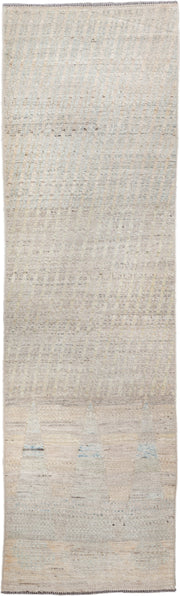 2' x 9' one-of-a-kind handmade vintage Kilim runner rug. Color palette: ivory, beige, taupe, pale blue, cream, gray