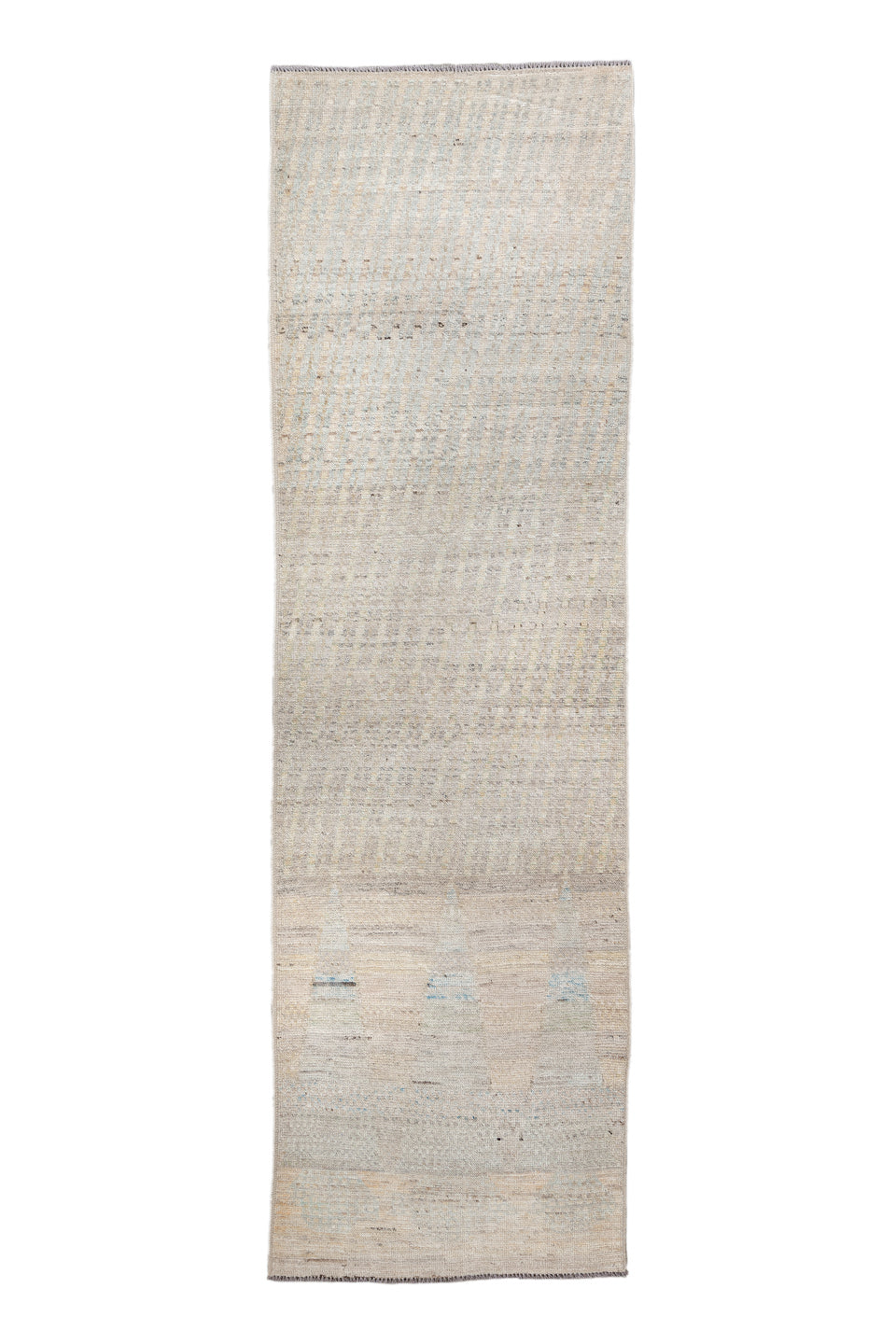 2' x 9' one-of-a-kind handmade vintage Kilim runner rug. Color palette: dim gray, gainsboro, gray, light gray, linen