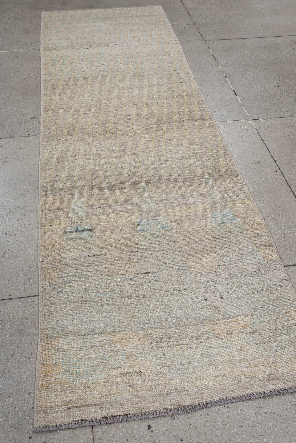 2' x 9' one-of-a-kind handmade vintage Kilim runner rug. Color palette: ivory, beige, taupe, pale blue, cream, gray