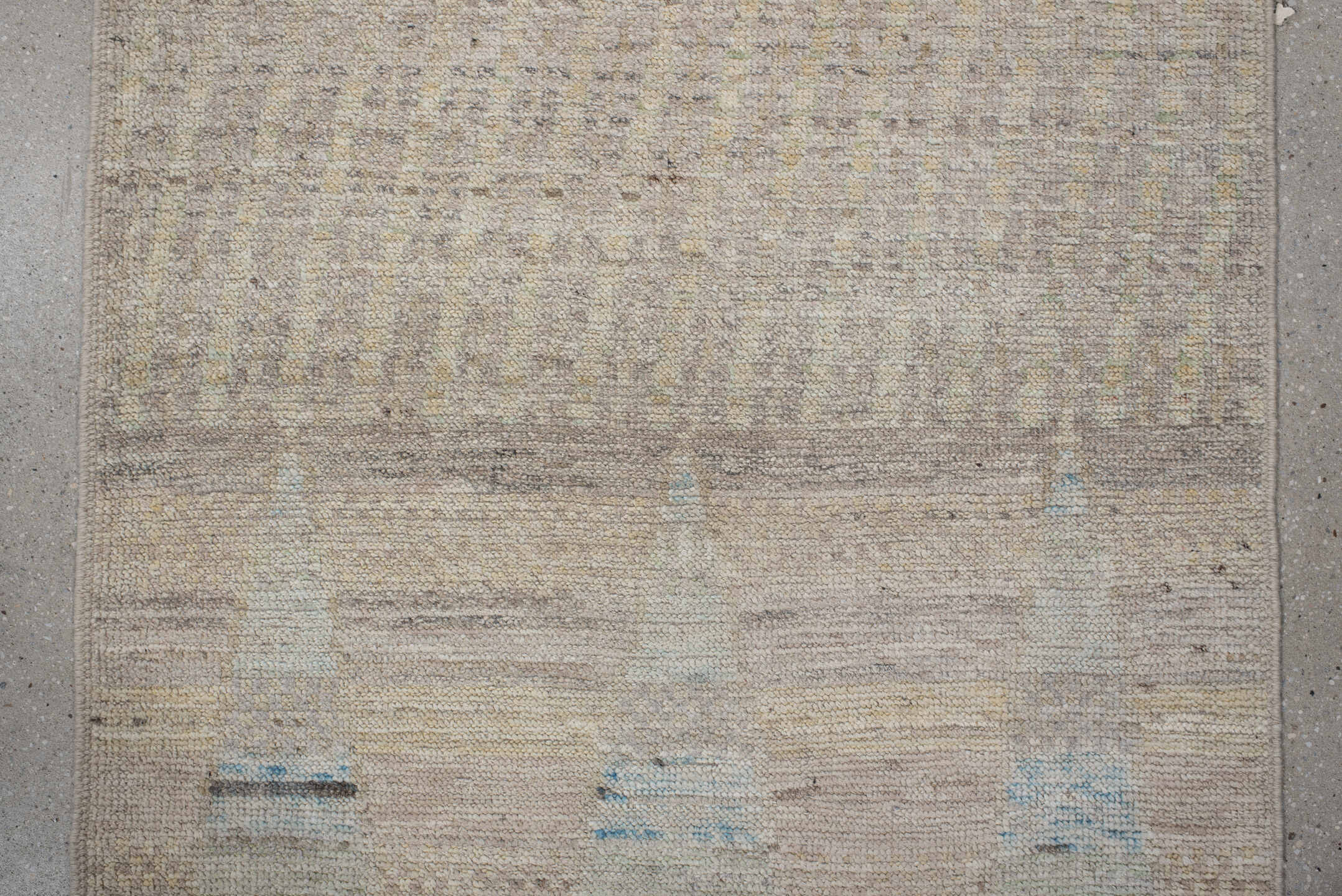 2' x 9' one-of-a-kind handmade vintage Kilim runner rug. Color palette: ivory, beige, taupe, pale blue, cream, gray