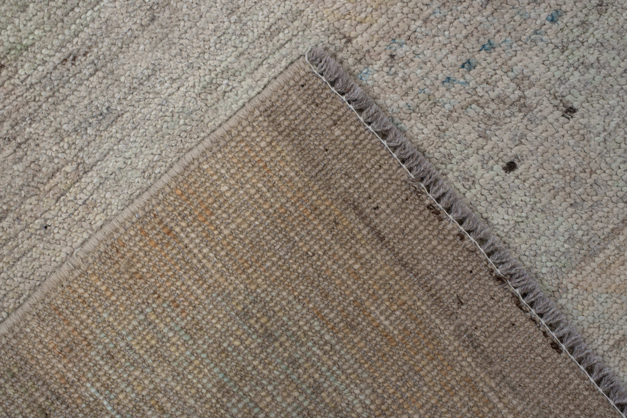 2' x 9' one-of-a-kind handmade vintage Kilim runner rug. Color palette: ivory, beige, taupe, pale blue, cream, gray