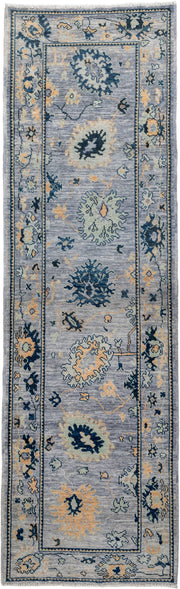 3' x 9' one-of-a-kind handmade vintage Oushak runner rug. Color palette: light blue, navy, ivory, gold, slate, cream, blue