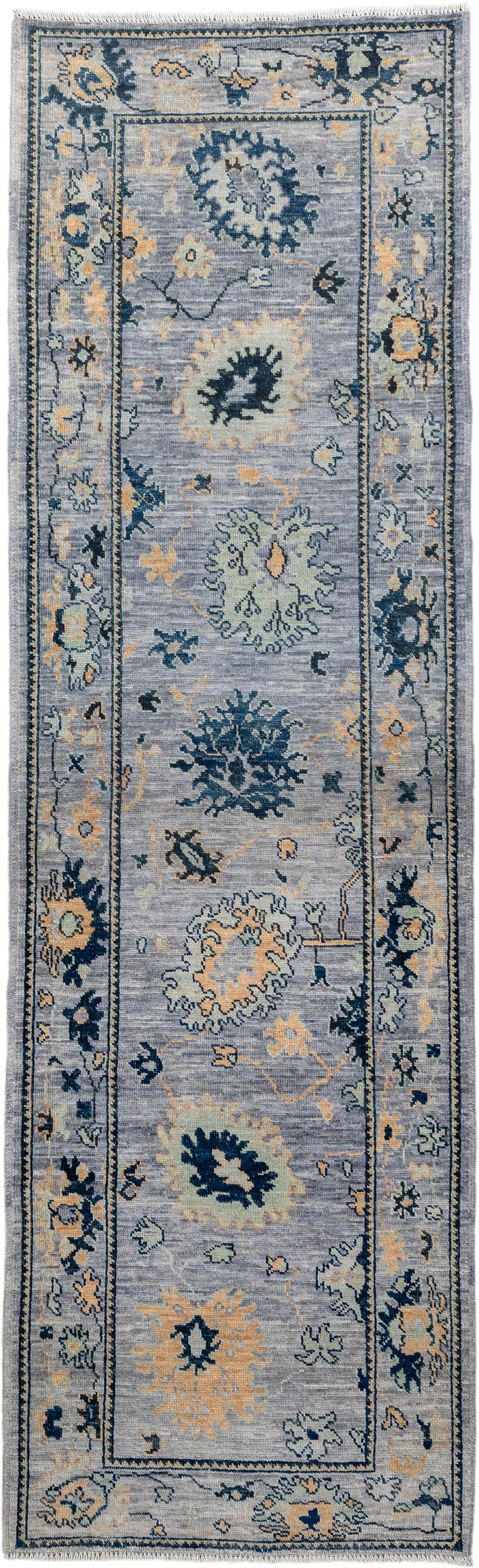 3' x 9' one-of-a-kind handmade vintage Oushak runner rug. Color palette: light blue, navy, ivory, gold, slate, cream, blue