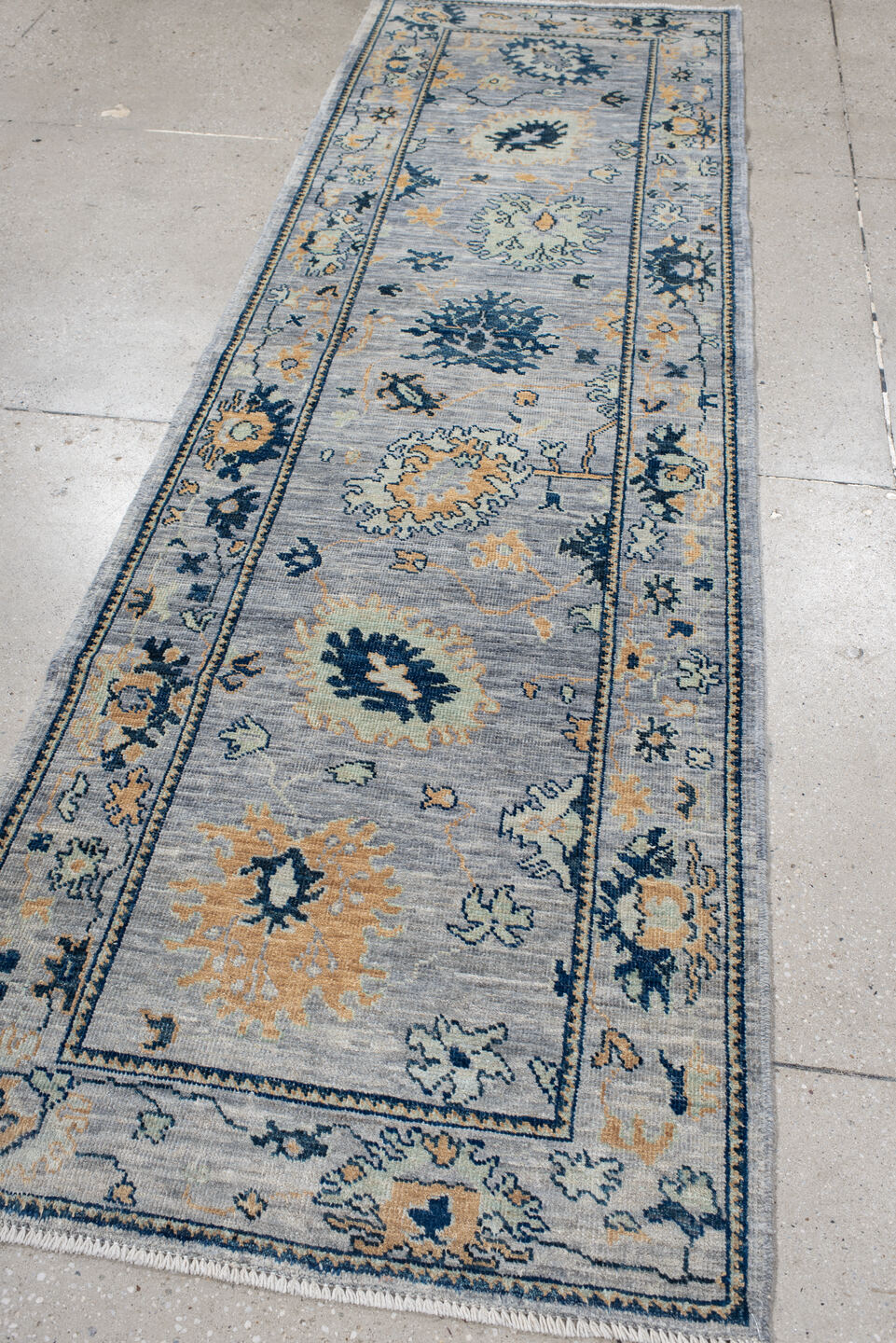 3' x 9' one-of-a-kind handmade vintage Oushak runner rug. Color palette: arapawa, blue, brown, fiord, gray, light blue