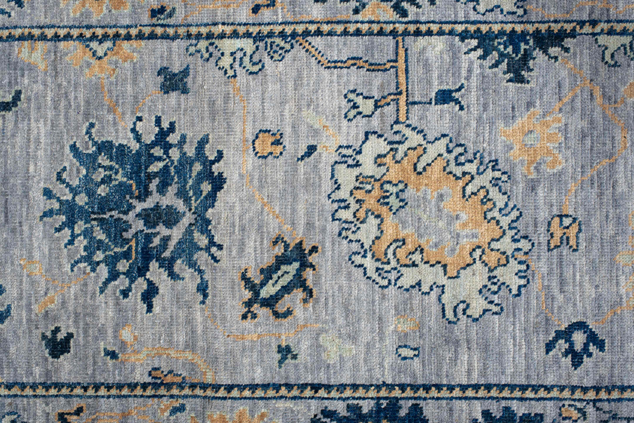 3' x 9' one-of-a-kind handmade vintage Oushak runner rug. Color palette: arapawa, blue, brown, fiord, gray, light blue