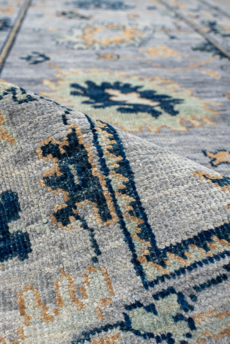 3' x 9' one-of-a-kind handmade vintage Oushak runner rug. Color palette: light blue, navy, ivory, gold, slate, cream, blue