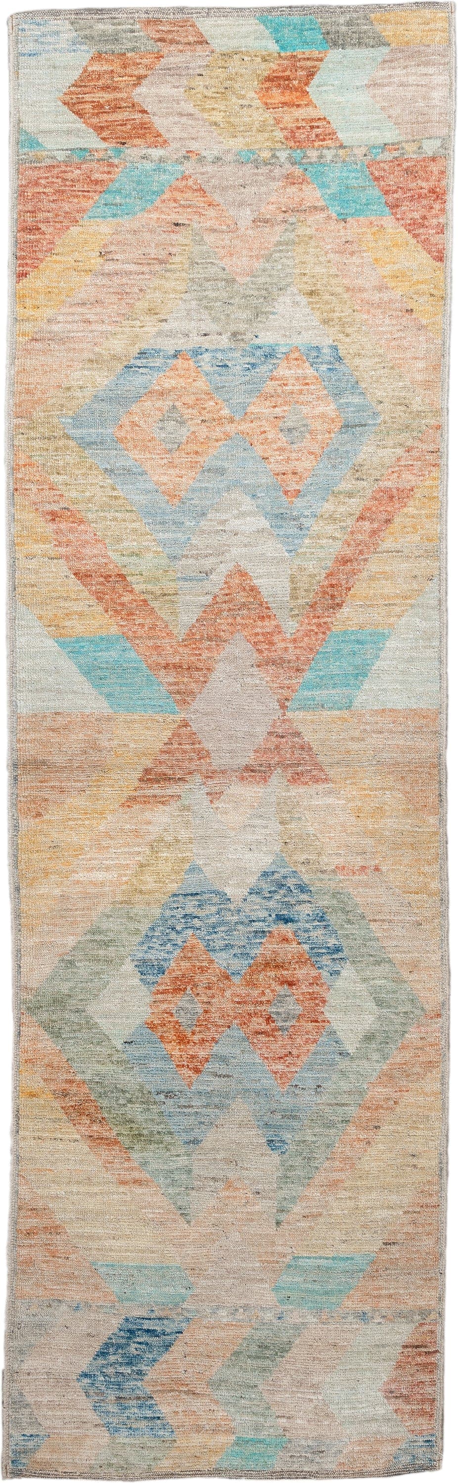 2' x 9' one-of-a-kind handmade vintage Kilim runner rug. Color palette: ivory, aqua, coral, sand, pale blue, sage, taupe
