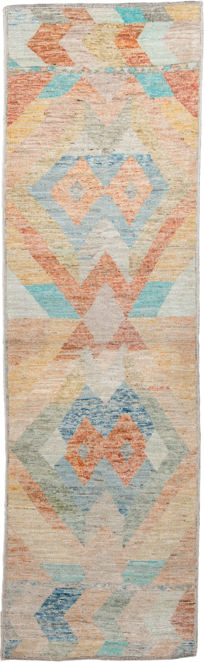 2' x 9' one-of-a-kind handmade vintage Kilim runner rug. Color palette: ivory, aqua, coral, sand, pale blue, sage, taupe