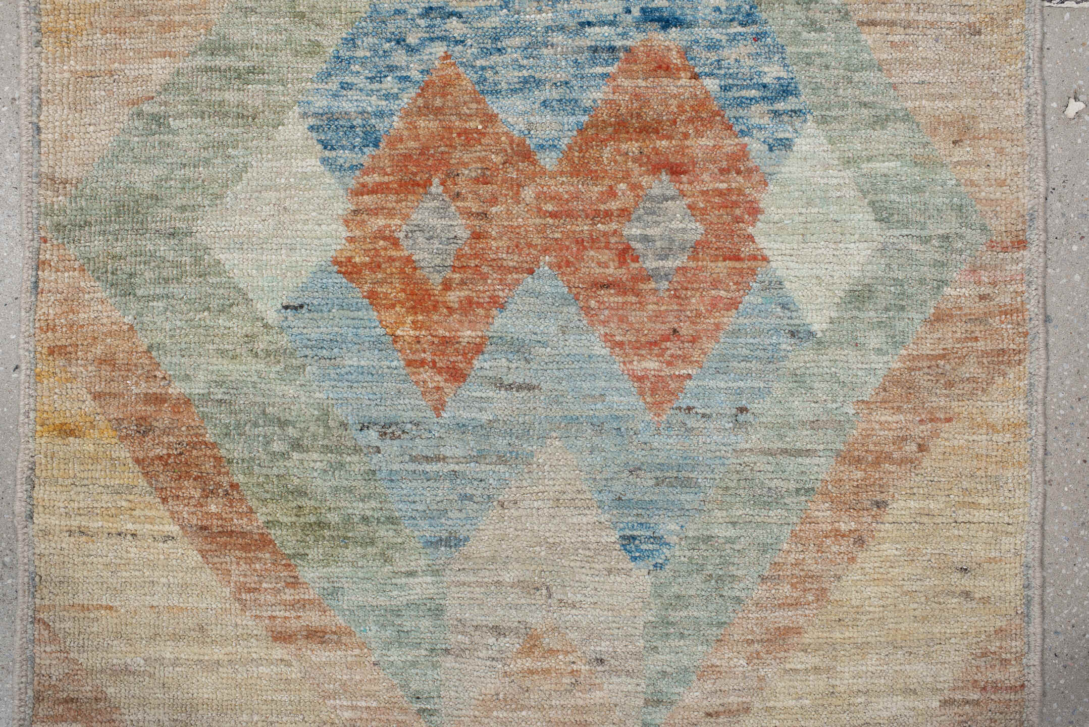 2' x 9' one-of-a-kind handmade vintage Kilim runner rug. Color palette: antiquewhite, blanched almond, blue, brown