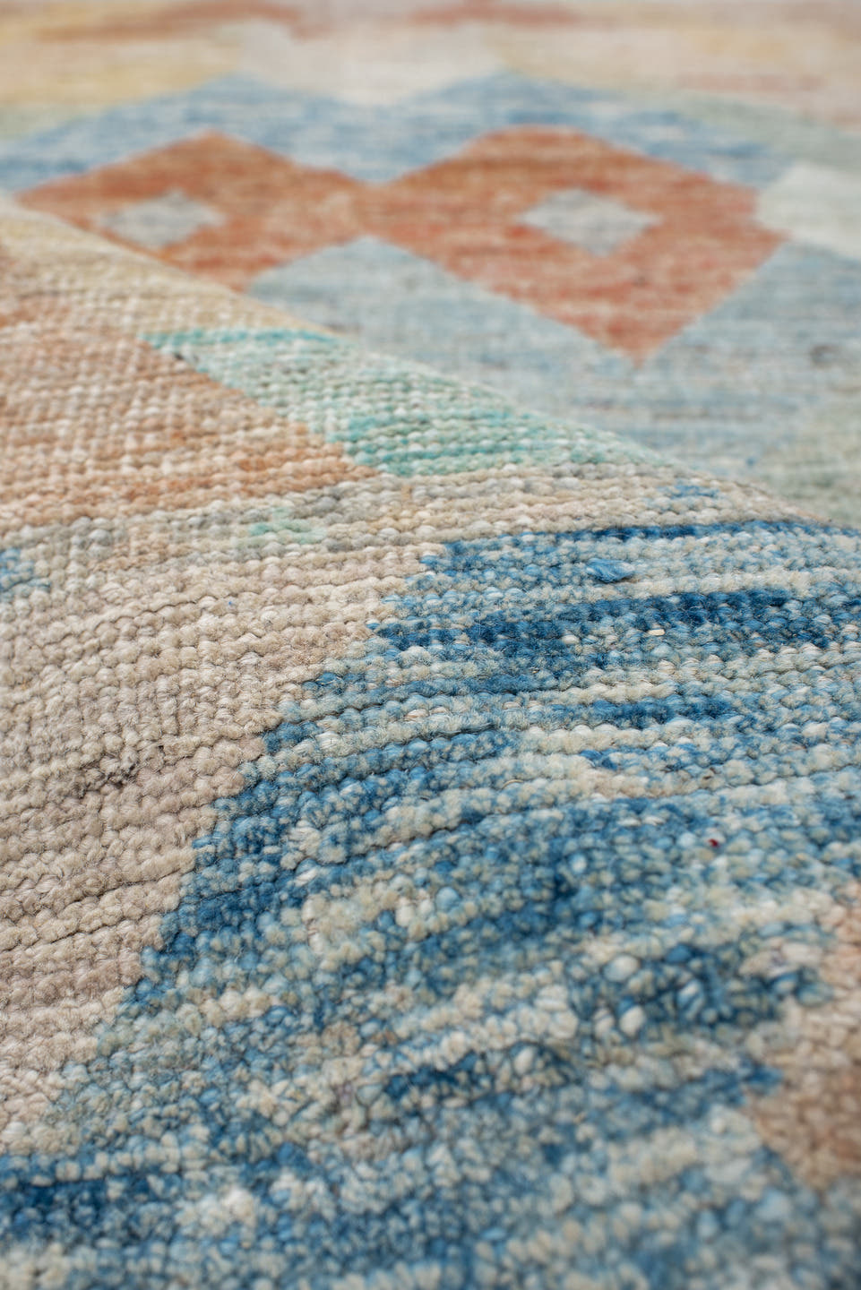 2' x 9' one-of-a-kind handmade vintage Kilim runner rug. Color palette: ivory, aqua, coral, sand, pale blue, sage, taupe