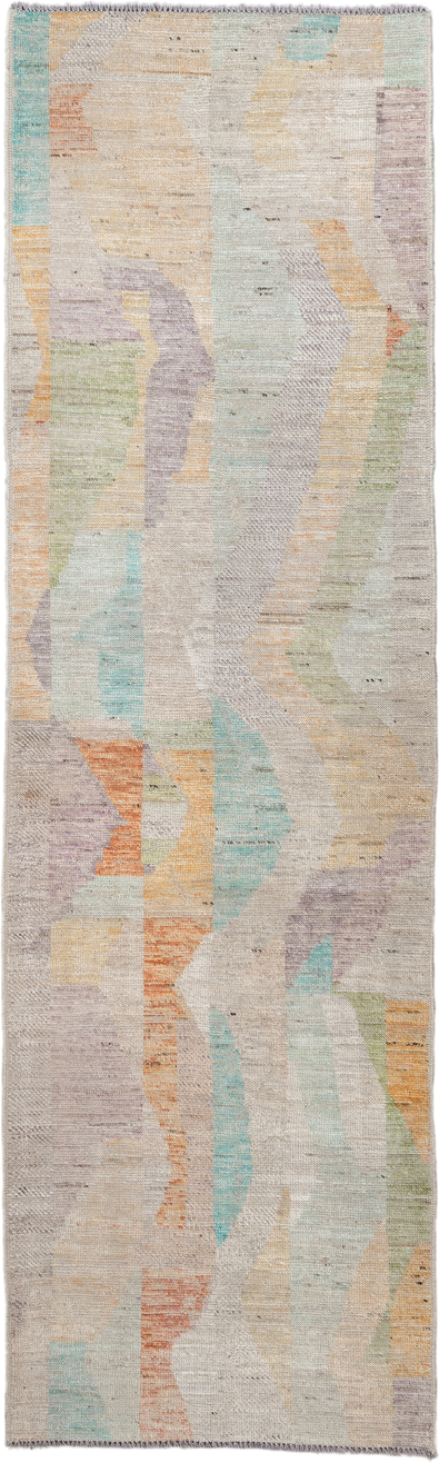 3' x 9' one-of-a-kind handmade vintage Kilim runner rug. Color palette: ivory, taupe, aqua, sage, lavender, apricot