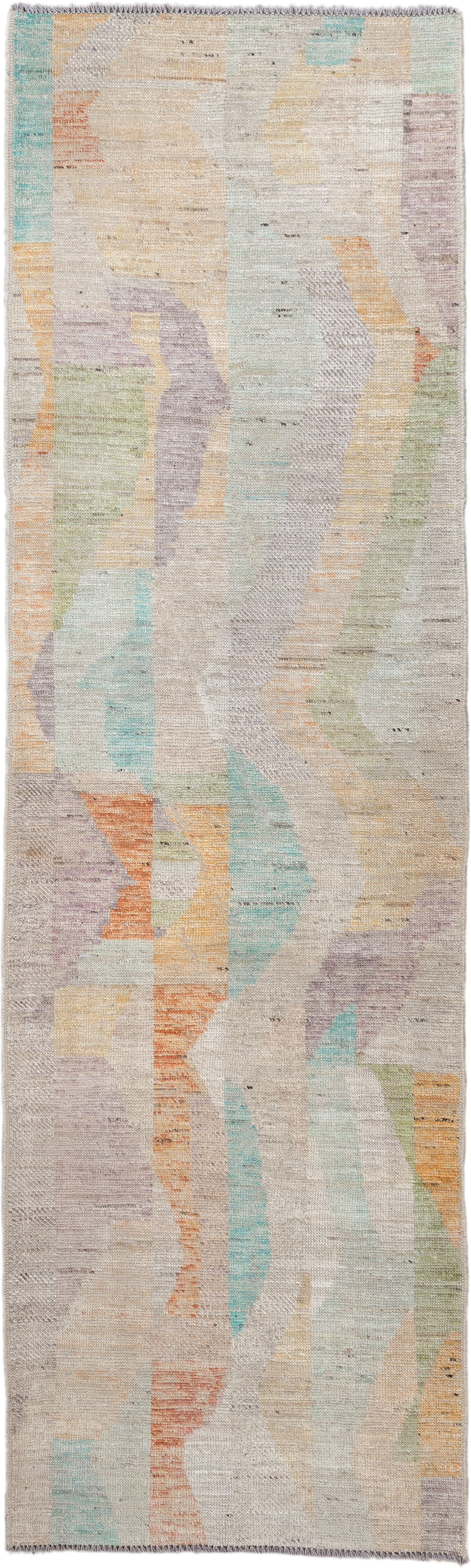 3' x 9' one-of-a-kind handmade vintage Kilim runner rug. Color palette: ivory, taupe, aqua, sage, lavender, apricot