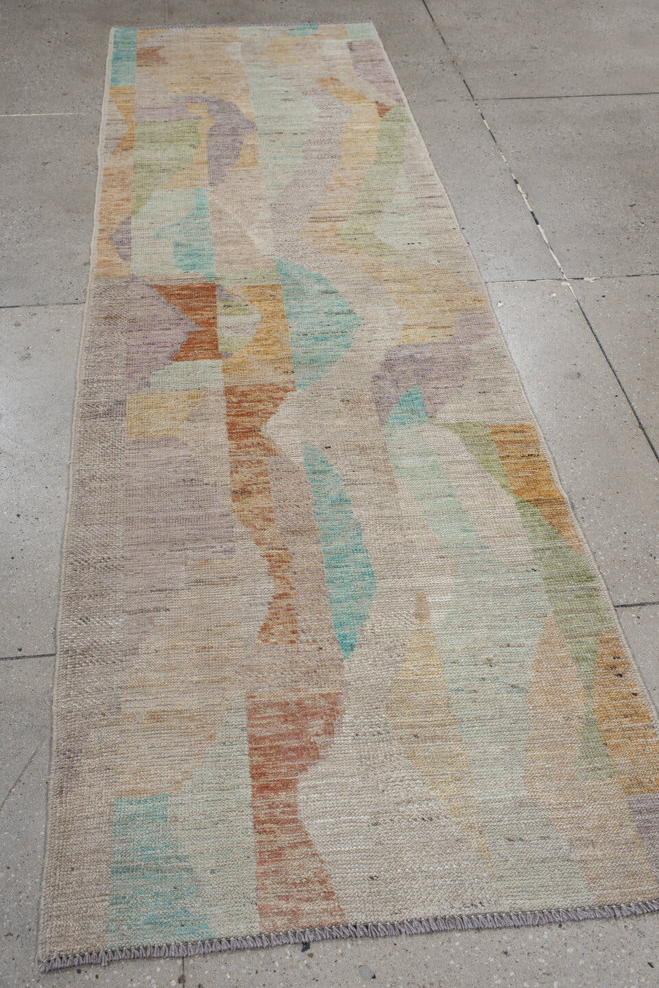 3' x 9' one-of-a-kind handmade vintage Kilim runner rug. Color palette: ivory, taupe, aqua, sage, lavender, apricot