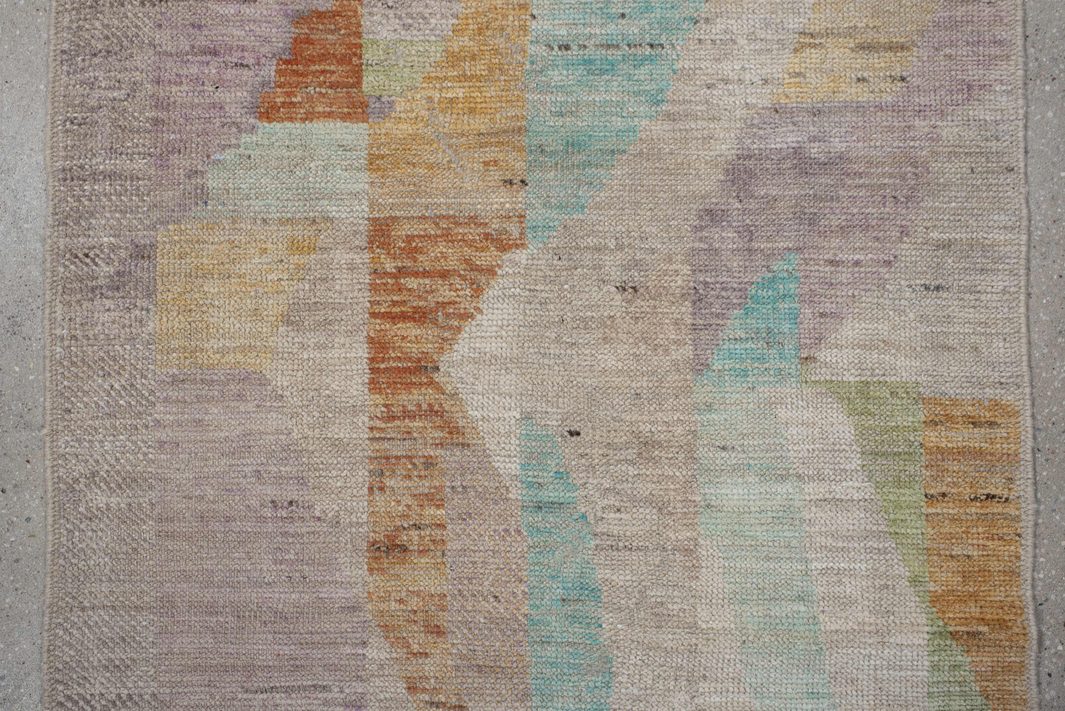 3' x 9' one-of-a-kind handmade vintage Kilim runner rug. Color palette: ivory, taupe, aqua, sage, lavender, apricot