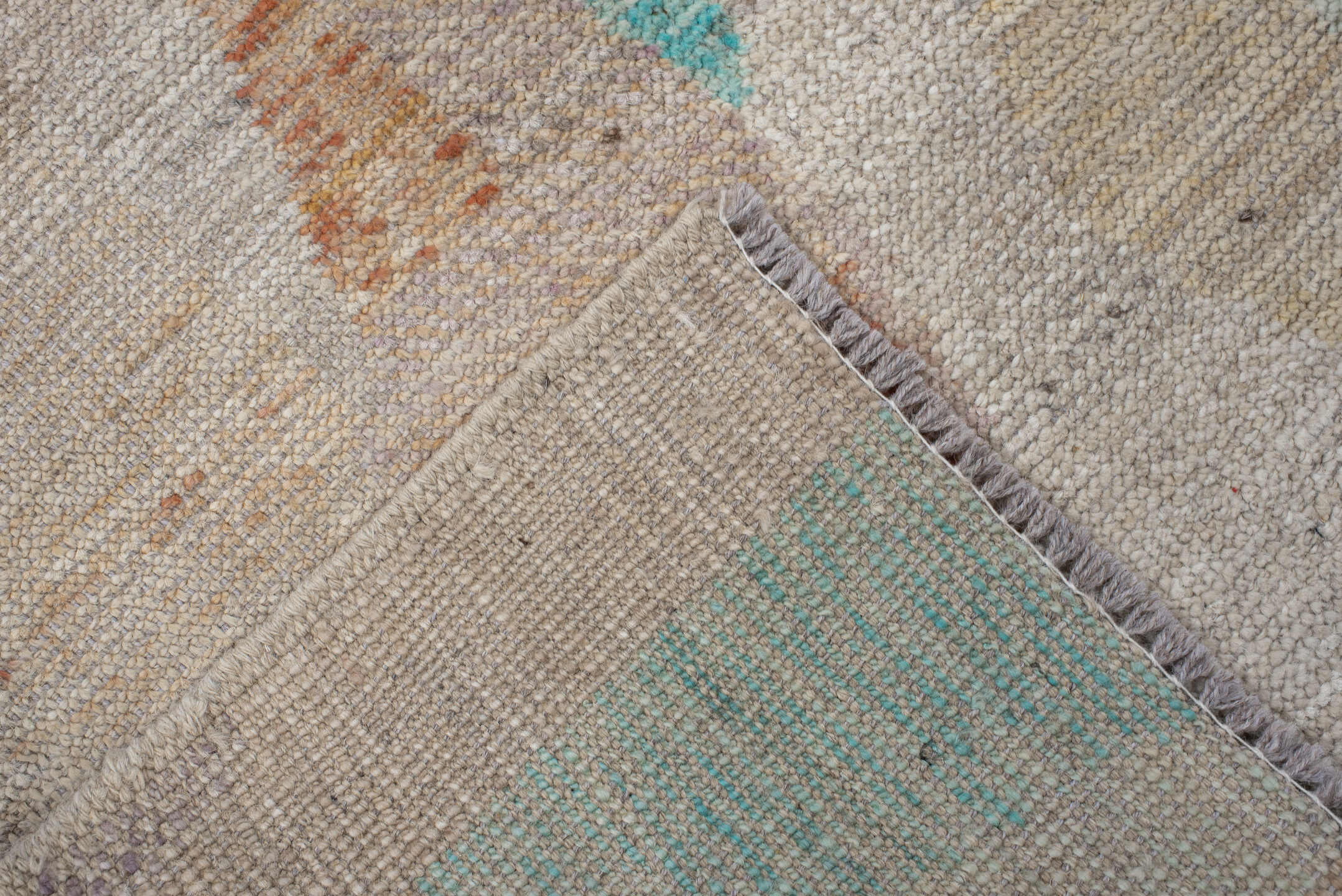 3' x 9' one-of-a-kind handmade vintage Kilim runner rug. Color palette: ivory, taupe, aqua, sage, lavender, apricot
