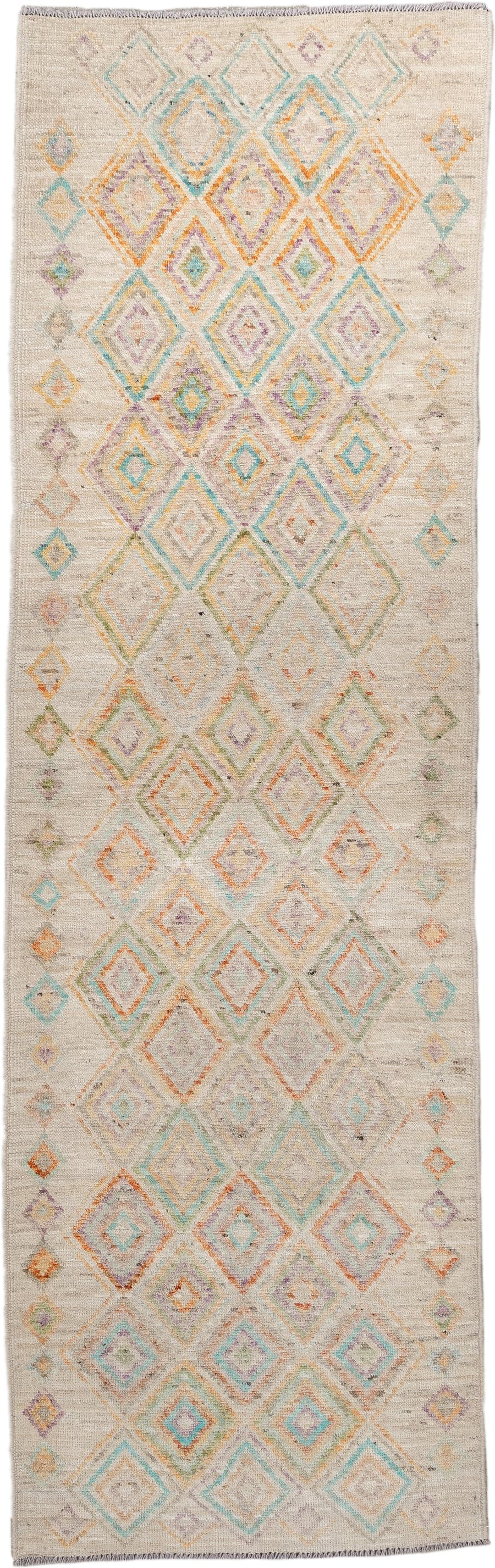 3' x 9' one-of-a-kind handmade vintage Kilim runner rug. Color palette: ivory, aqua, peach, lavender, sage, taupe, teal