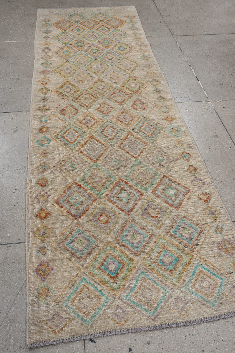 3' x 9' one-of-a-kind handmade vintage Kilim runner rug. Color palette: ivory, aqua, peach, lavender, sage, taupe, teal