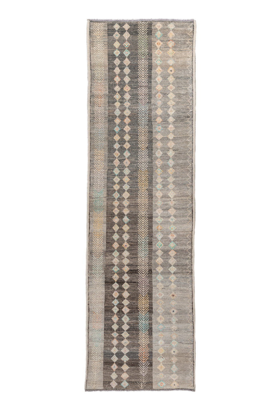 2' x 9' one-of-a-kind handmade vintage Kilim runner rug. Color palette: blue, brown, burlywood, dark gray, dim gray, gray