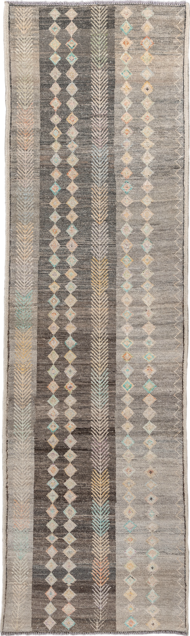 2' x 9' one-of-a-kind handmade vintage Kilim runner rug. Color palette: gray, taupe, charcoal, ivory, camel, aqua, peach