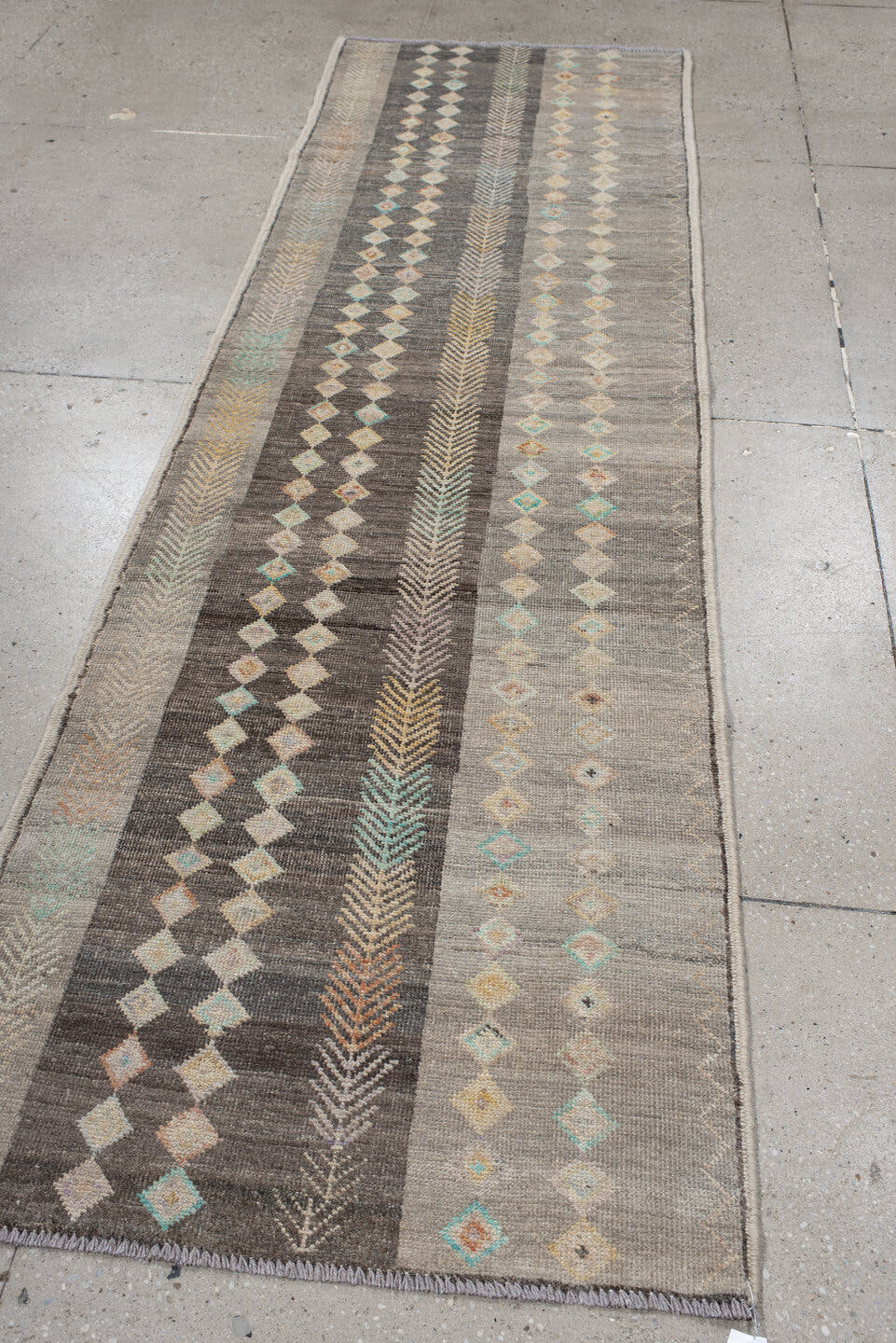 2' x 9' one-of-a-kind handmade vintage Kilim runner rug. Color palette: gray, taupe, charcoal, ivory, camel, aqua, peach