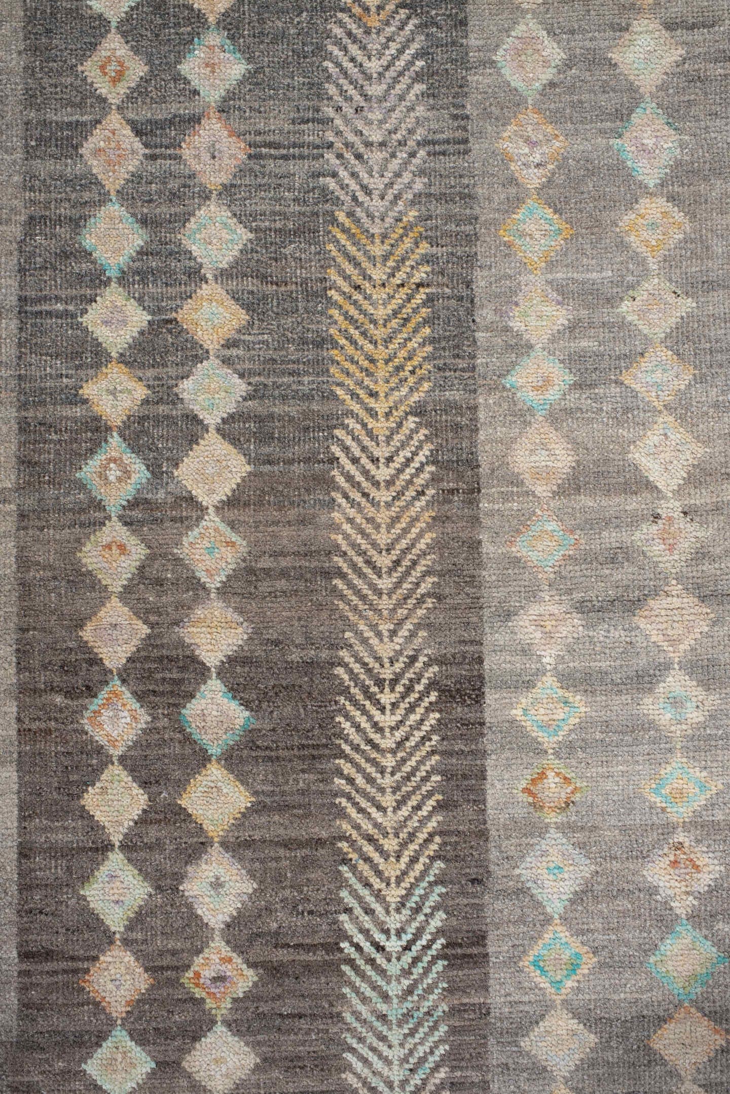 2' x 9' one-of-a-kind handmade vintage Kilim runner rug. Color palette: gray, taupe, charcoal, ivory, camel, aqua, peach