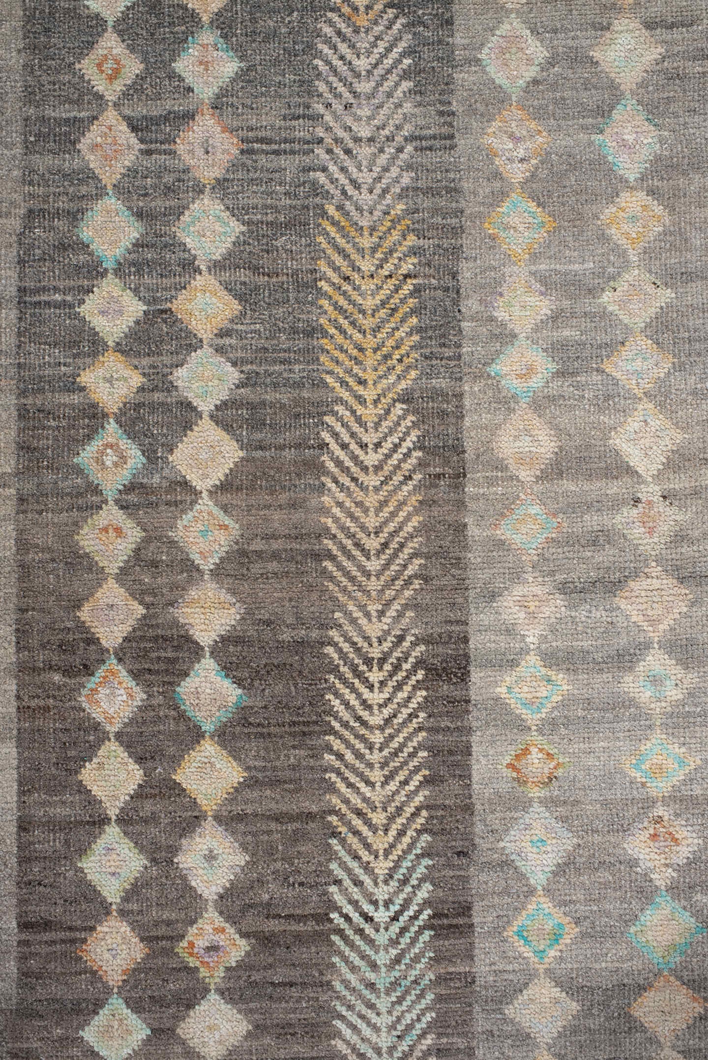 2' x 9' one-of-a-kind handmade vintage Kilim runner rug. Color palette: gray, taupe, charcoal, ivory, camel, aqua, peach
