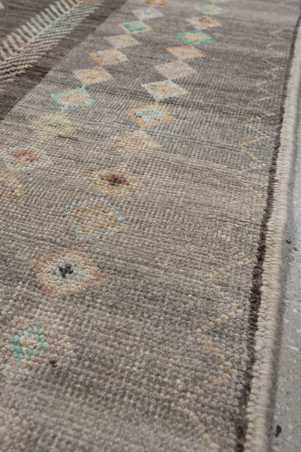 2' x 9' one-of-a-kind handmade vintage Kilim runner rug. Color palette: gray, taupe, charcoal, ivory, camel, aqua, peach