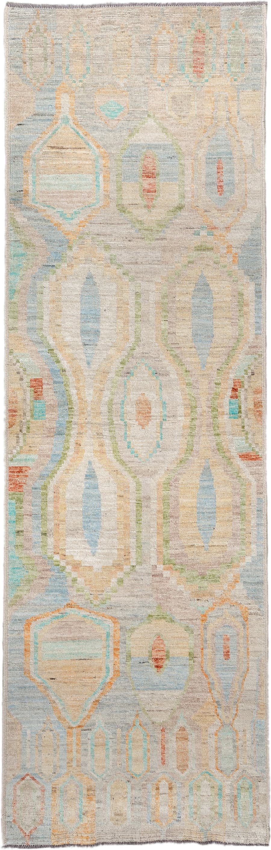 3' x 9' one-of-a-kind handmade vintage Kilim runner rug. Color palette: ivory, pale blue, sand, sage, peach, coral, taupe