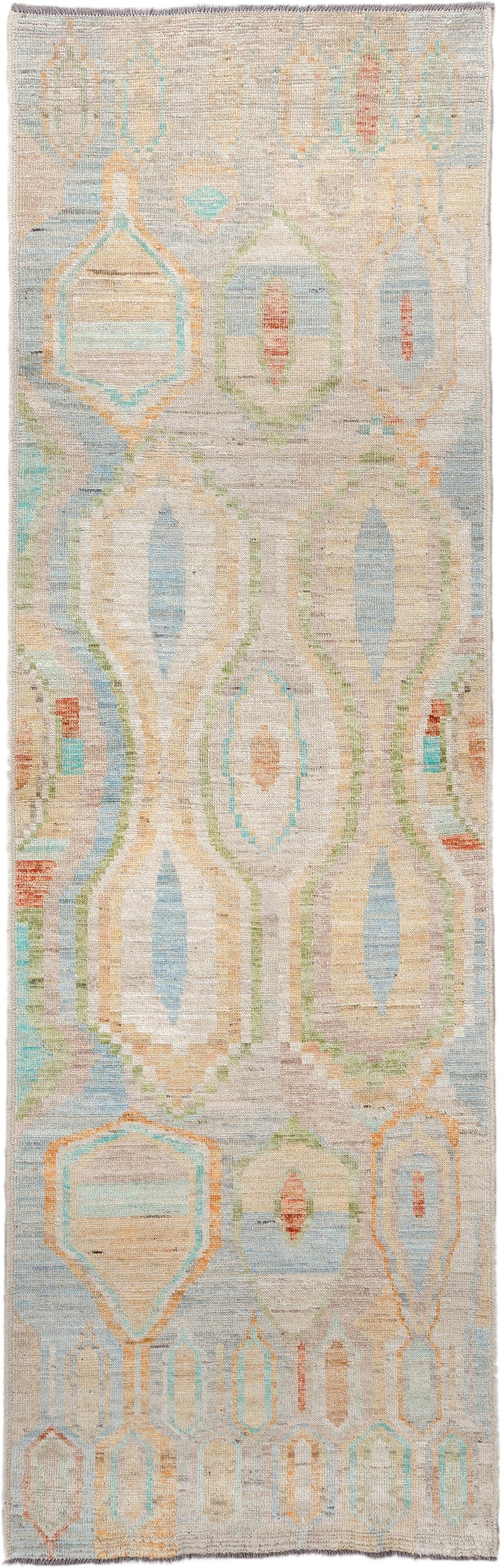 3' x 9' one-of-a-kind handmade vintage Kilim runner rug. Color palette: ivory, pale blue, sand, sage, peach, coral, taupe