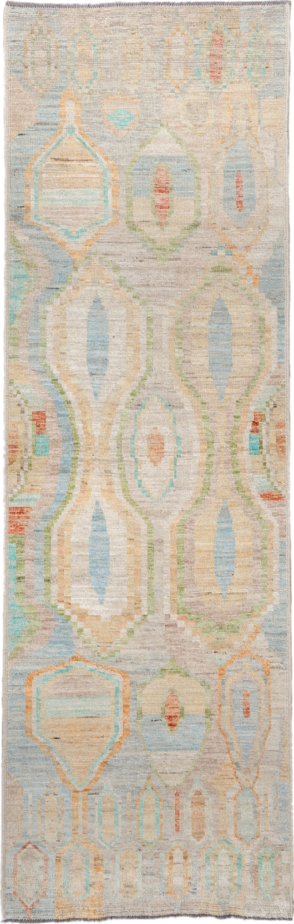 3' x 9' one-of-a-kind handmade vintage Kilim runner rug. Color palette: ivory, pale blue, sand, sage, peach, coral, taupe