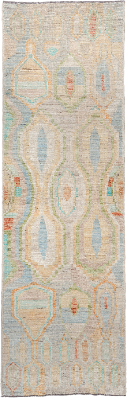 3' x 9' one-of-a-kind handmade vintage Kilim runner rug. Color palette: ivory, pale blue, sand, sage, peach, coral, taupe