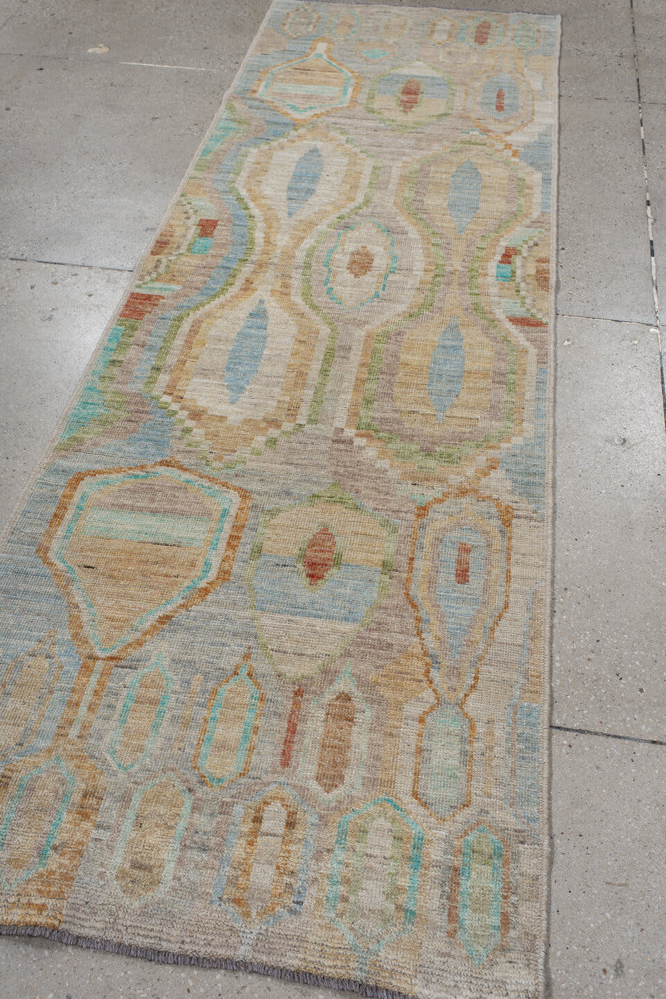 3' x 9' one-of-a-kind handmade vintage Kilim runner rug. Color palette: ivory, pale blue, sand, sage, peach, coral, taupe