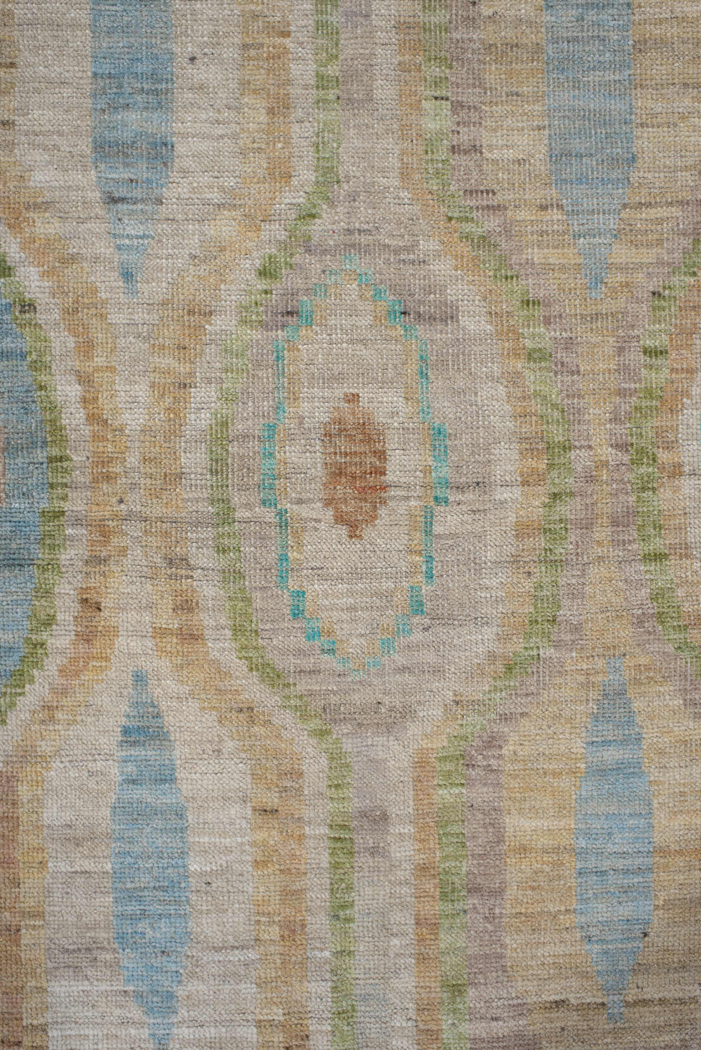 3' x 9' one-of-a-kind handmade vintage Kilim runner rug. Color palette: ivory, pale blue, sand, sage, peach, coral, taupe