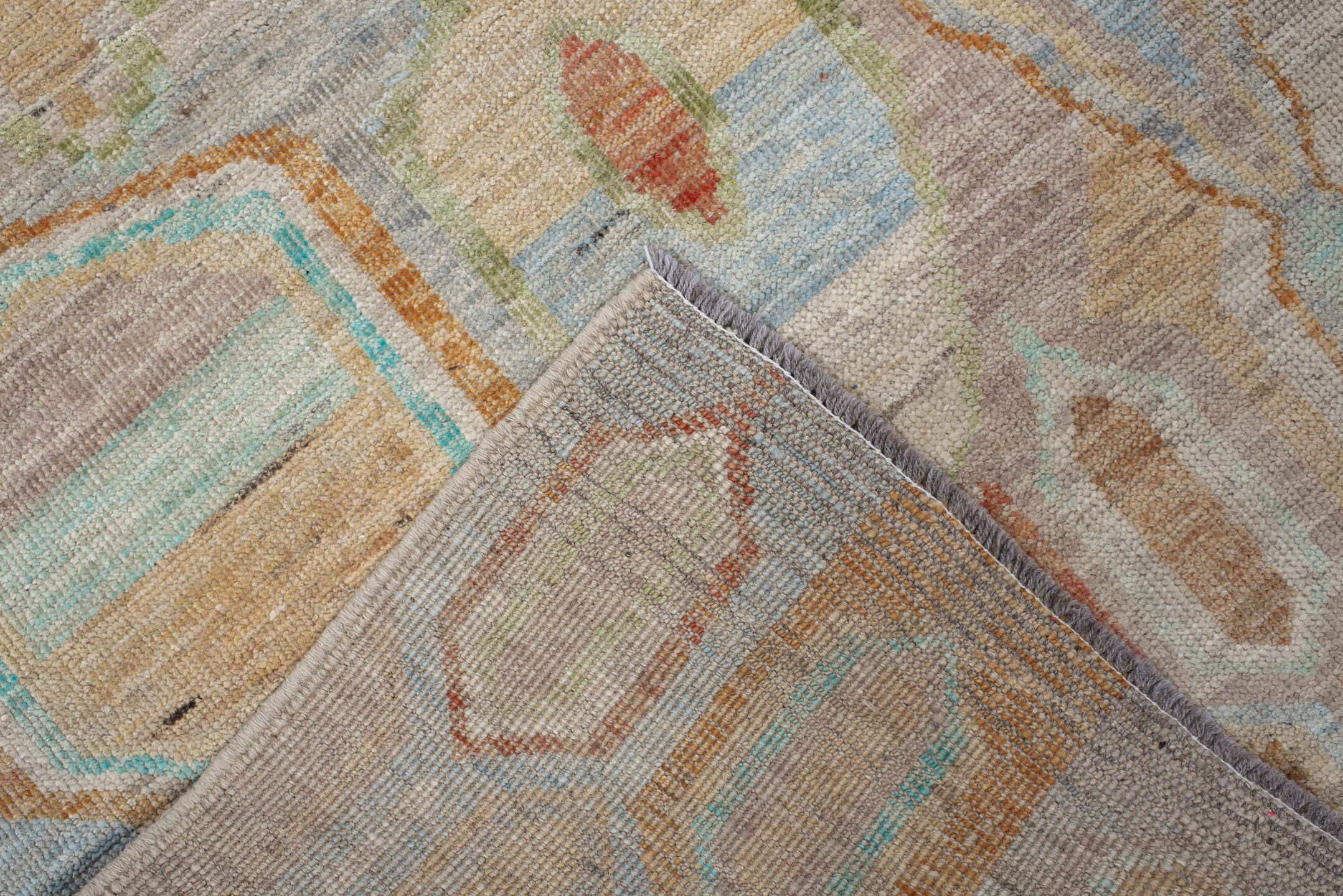 3' x 9' one-of-a-kind handmade vintage Kilim runner rug. Color palette: ivory, pale blue, sand, sage, peach, coral, taupe
