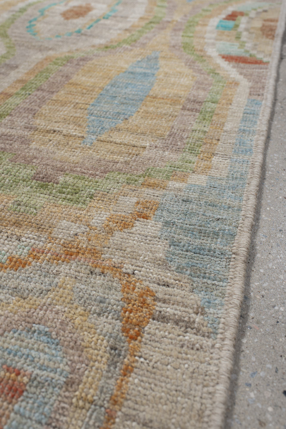 3' x 9' one-of-a-kind handmade vintage Kilim runner rug. Color palette: ivory, pale blue, sand, sage, peach, coral, taupe