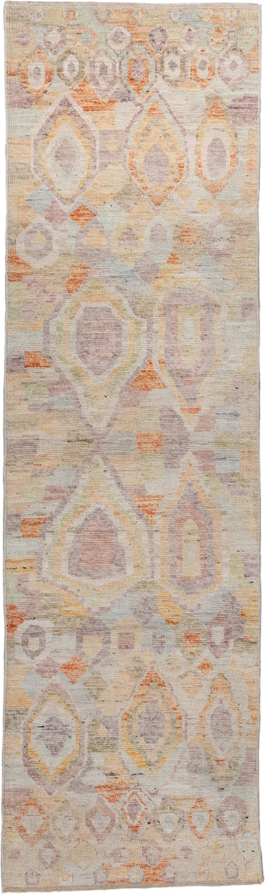 2' x 9' one-of-a-kind handmade vintage Kilim runner rug. Color palette: ivory, lavender, apricot, pale blue, beige, sage