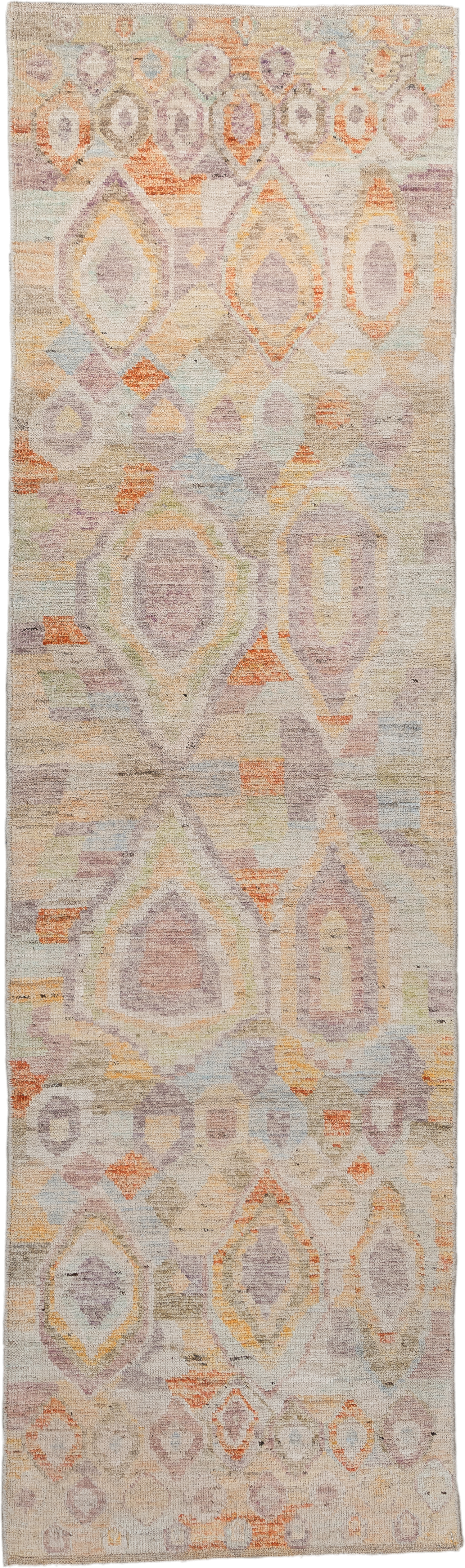 2' x 9' one-of-a-kind handmade vintage Kilim runner rug. Color palette: ivory, lavender, apricot, pale blue, beige, sage