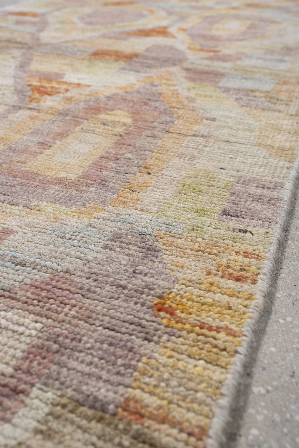 2' x 9' one-of-a-kind handmade vintage Kilim runner rug. Color palette: ivory, lavender, apricot, pale blue, beige, sage