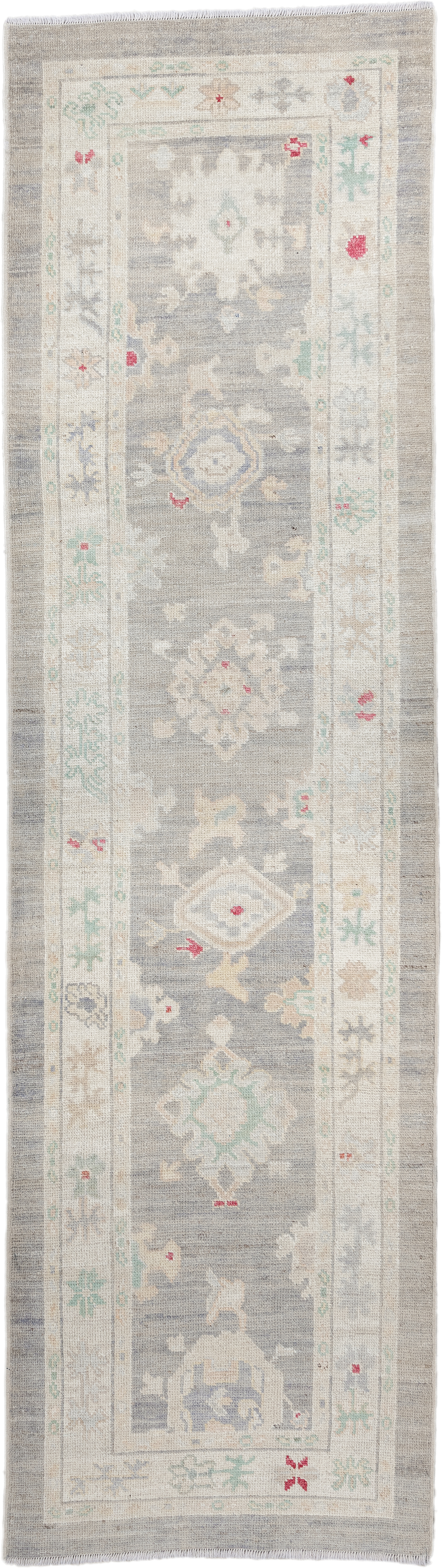 3' x 10' one-of-a-kind handmade vintage Oushak runner rug. Color palette: gray, ivory, cream, sage, taupe, rose, beige