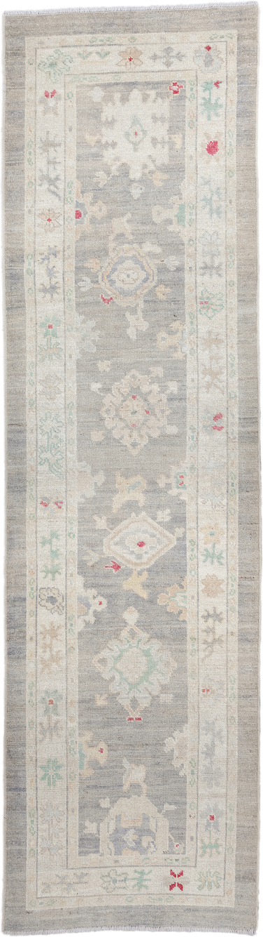 3' x 10' one-of-a-kind handmade vintage Oushak runner rug. Color palette: gray, ivory, cream, sage, taupe, rose, beige