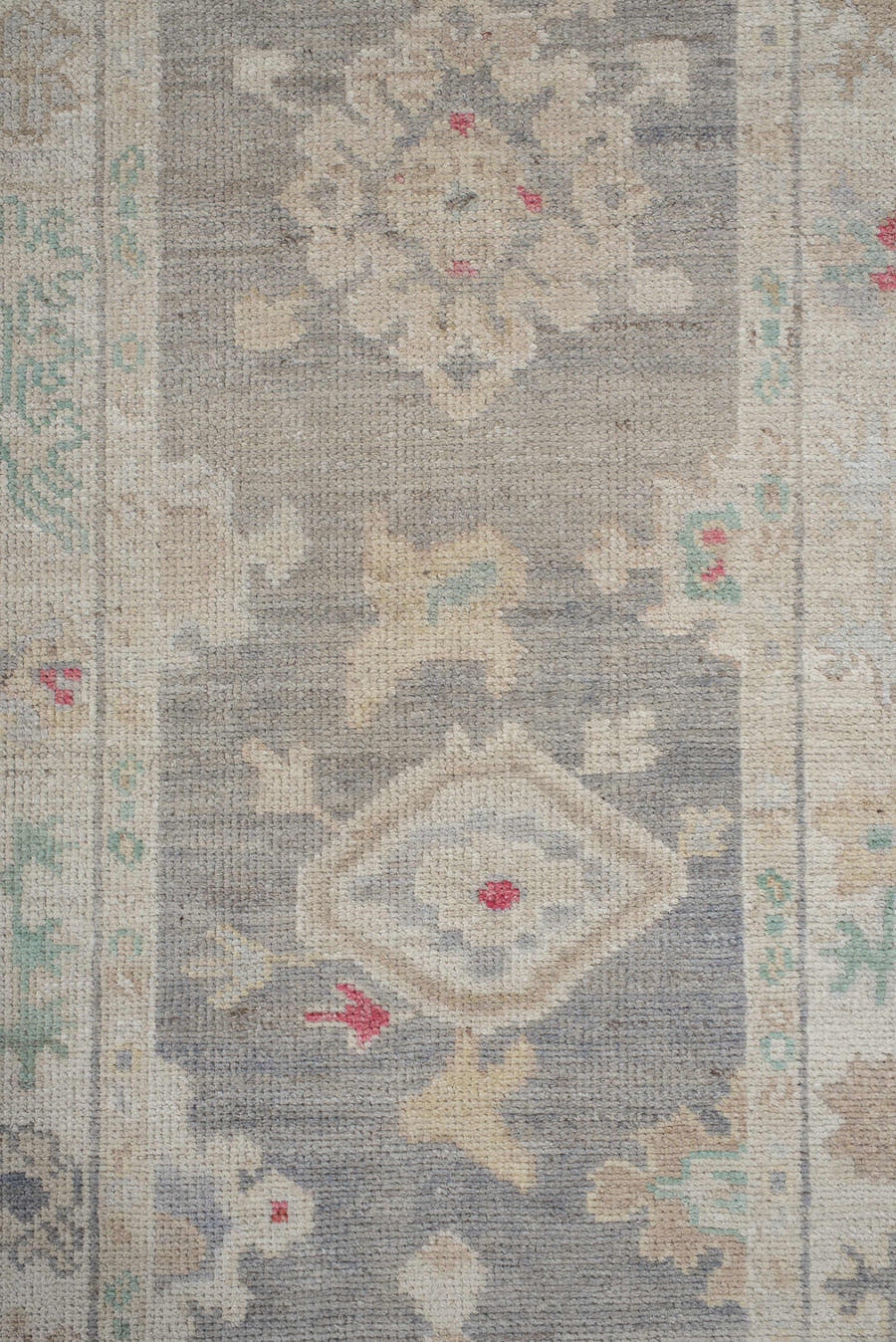 3' x 10' one-of-a-kind handmade vintage Oushak runner rug. Color palette: gray, ivory, cream, sage, taupe, rose, beige