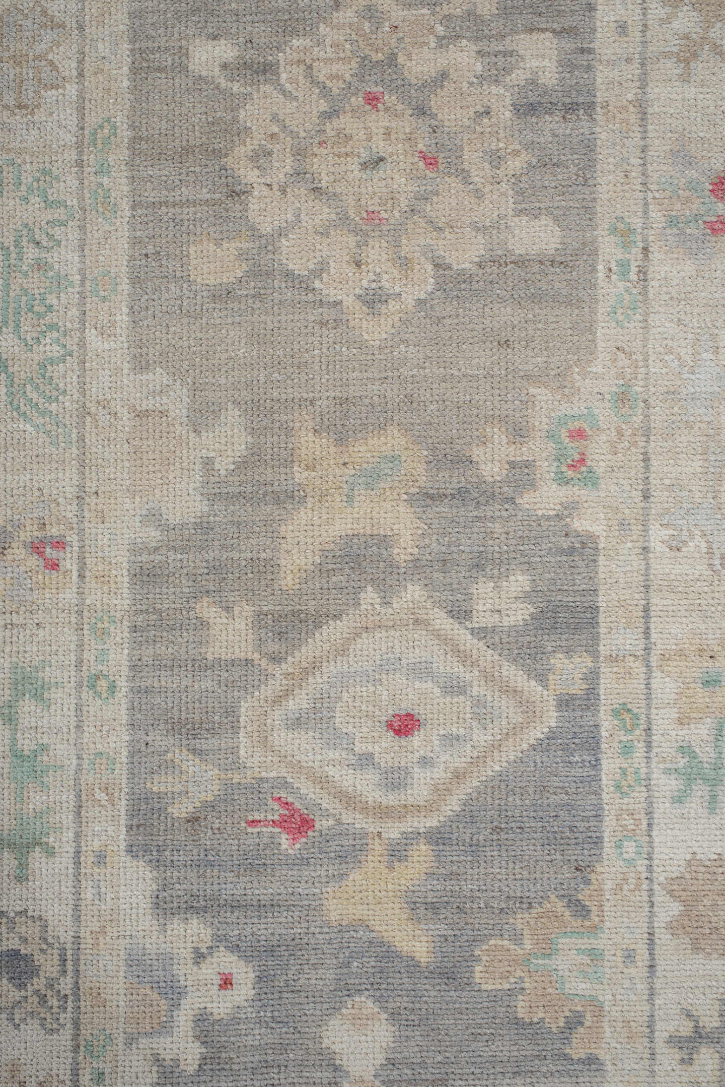 3' x 10' one-of-a-kind handmade vintage Oushak runner rug. Color palette: gray, ivory, cream, sage, taupe, rose, beige